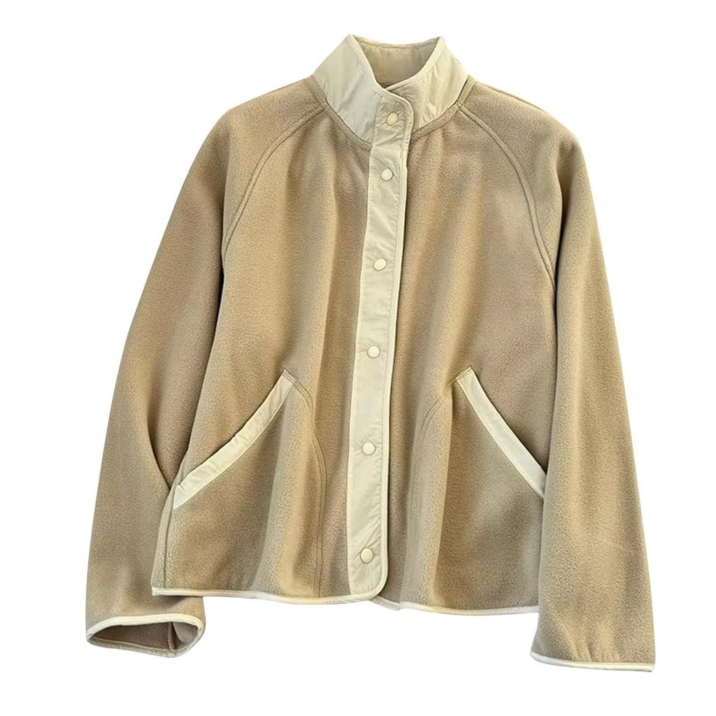 Women's Casual Patchwork Stand-collar Solid-color Long-sleeve Coat