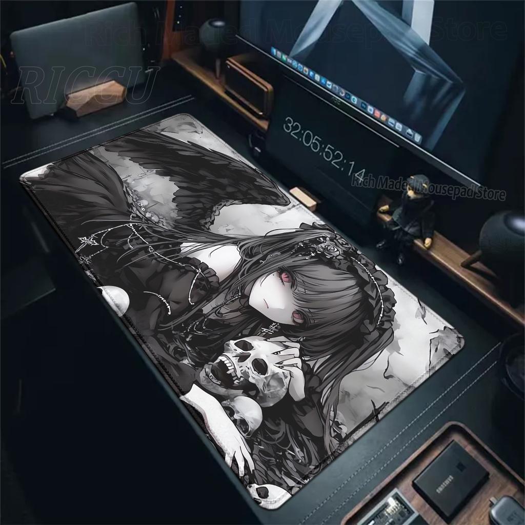 Alfombrilla de Ratón XXL Ángel Oscuro Chicas Anime Esterilla de Escritorio Oficina Portátil Alfombrilla de Escritorio Extendida Alfombrilla de Ratón para Jugador de PC Alfombrilla para Teclado Alfombra Negra