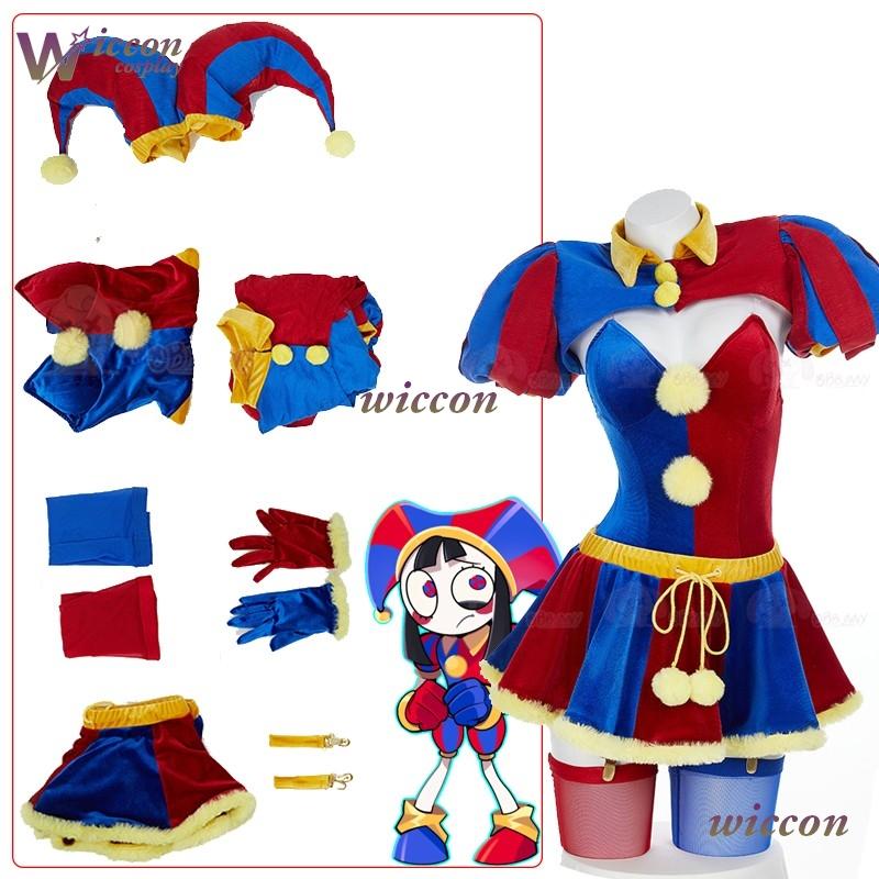 Clown Zirkus Cosplay Kostüm Design Erwachsenen Digital Pomnii Perücke Hut Samtrock Karikatur Weihnachten Party Karneval Outfit