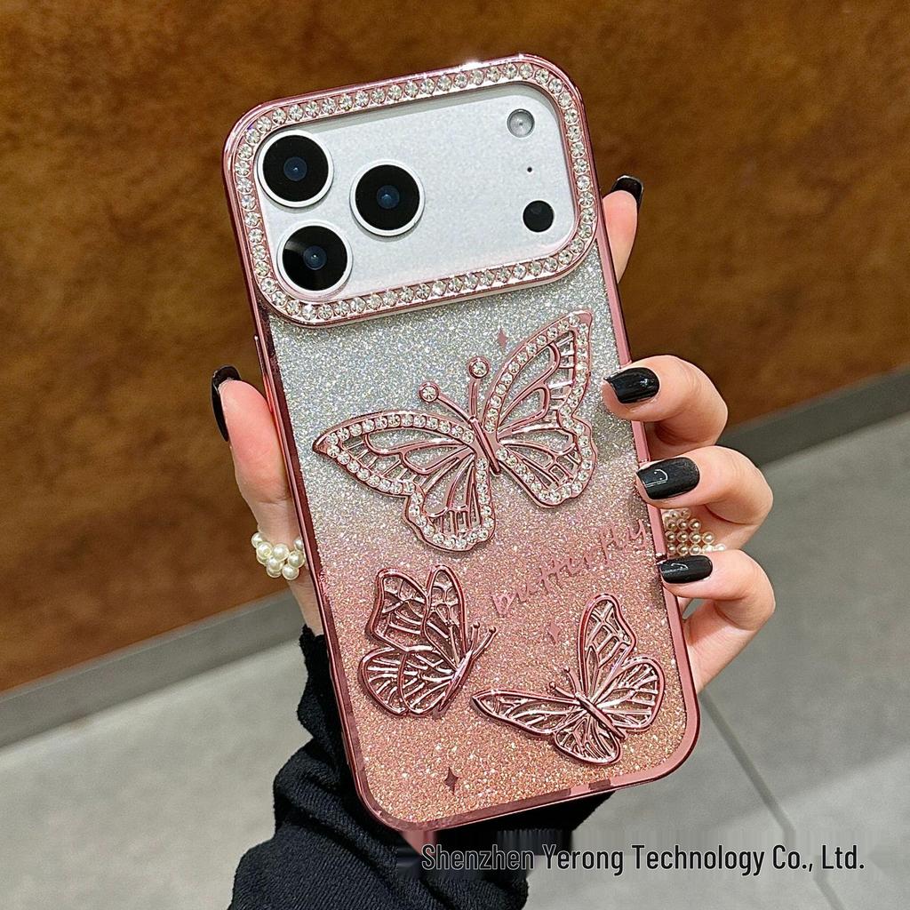 3D Shining Rhinestone Butterfly Case for iPhone 17 Pro Max Electroplated Glitter Protective Cover