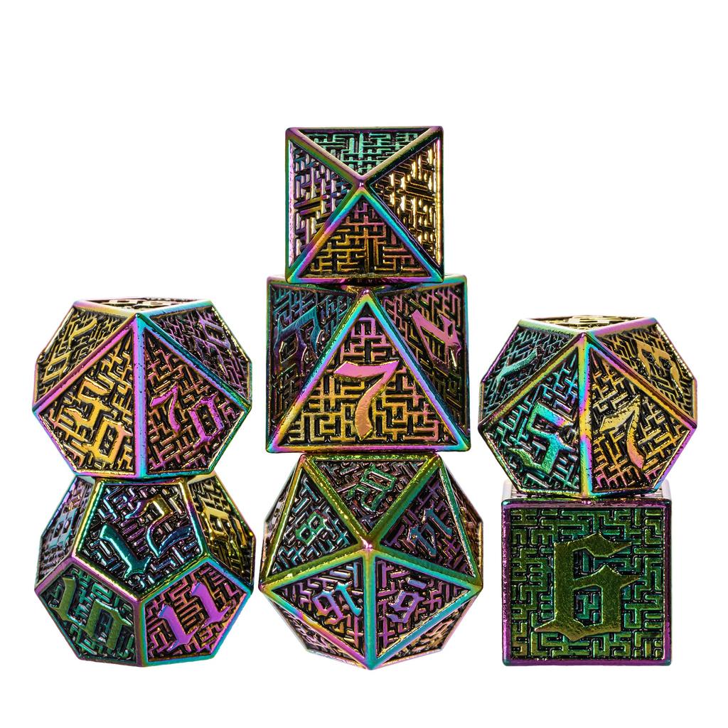 Cusdie DND Labyrinth Metallwürfel Massiv D4-D20 Polyederwürfel Set mit einzigartigem D4 für Rollenspiel Pathfinder Brettspiele TRPG