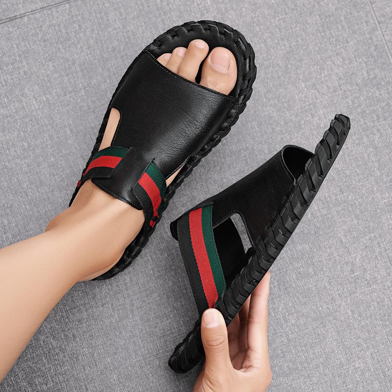 Summer New Leather Flat-bottomed One-word Slippers for Men's Daily Home Outdoor Beach Two Wear Cool Slippers