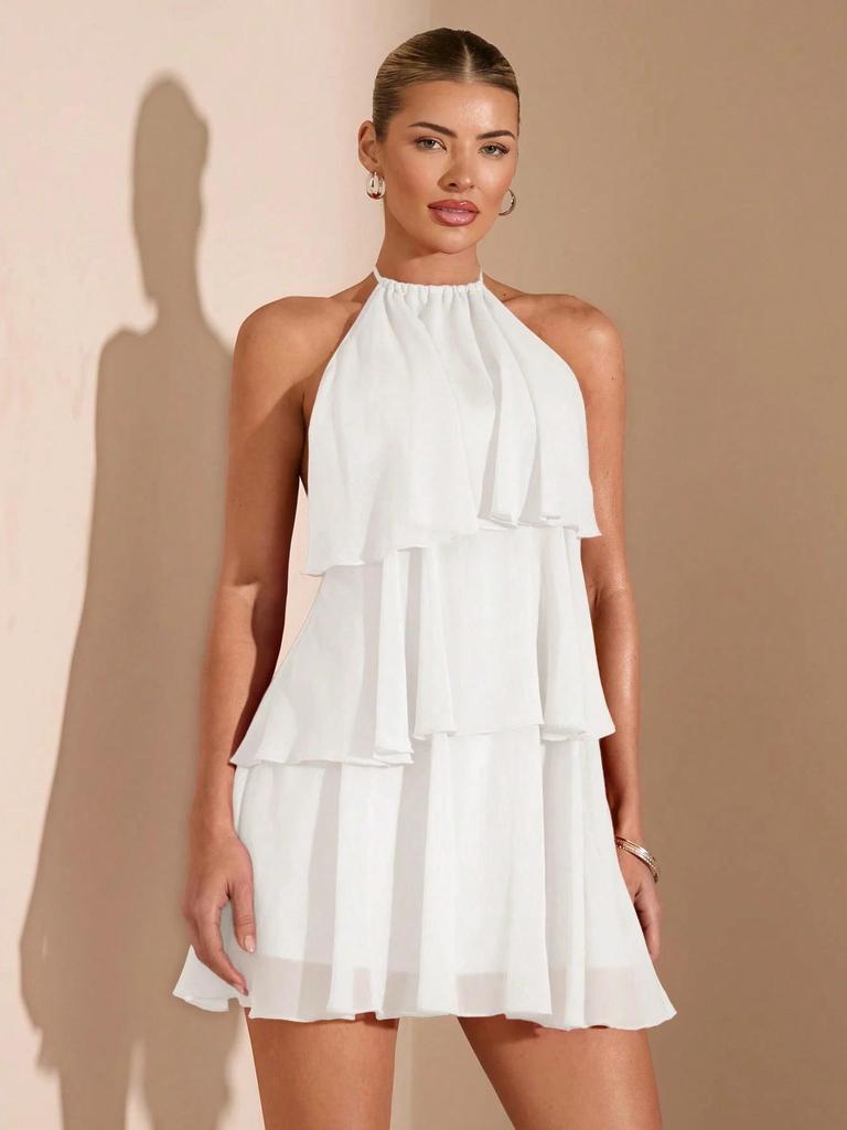 New Women's Irregular Backless Lace-up Dress with Solid Color and Sexy Cake Skirt