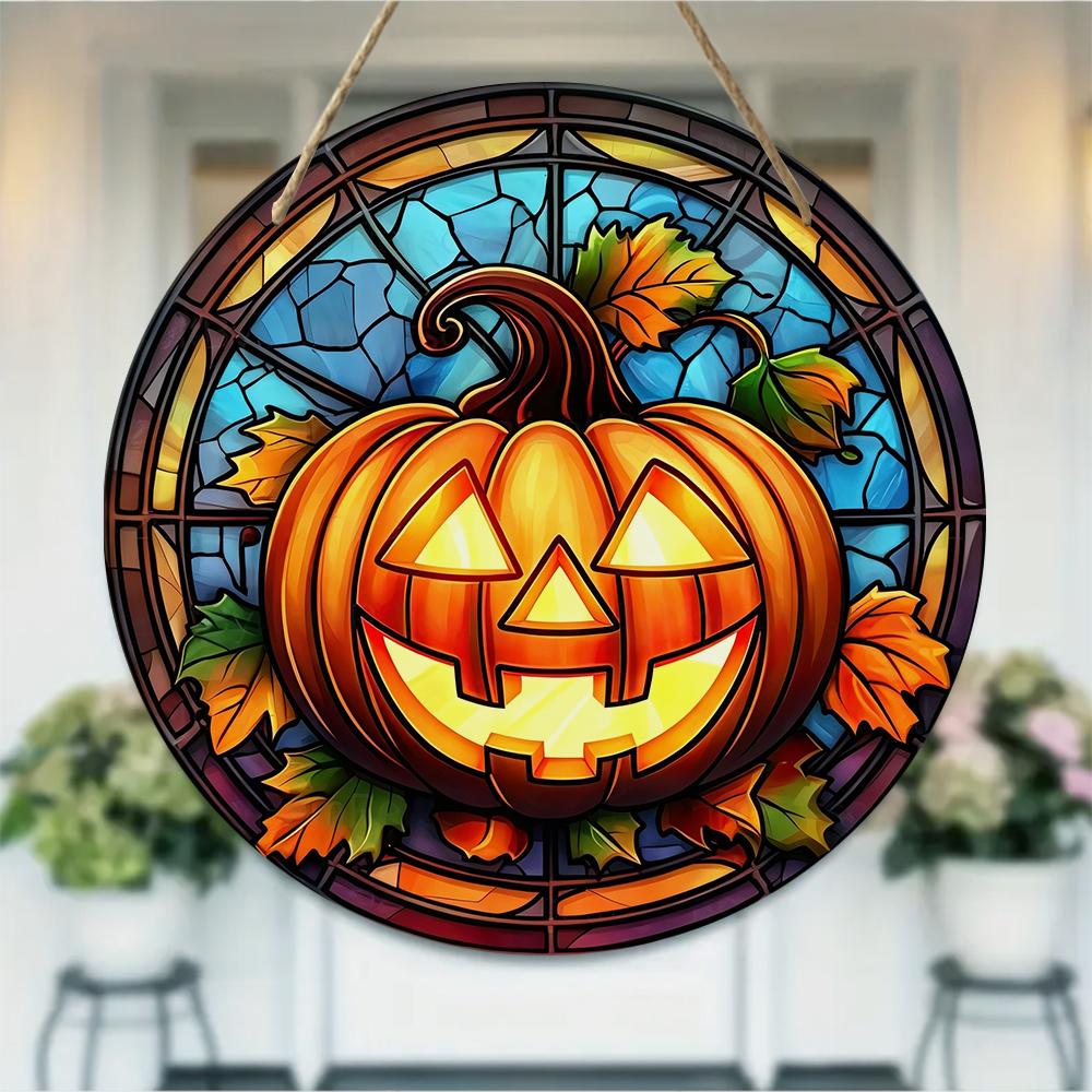 Stained Glass Style Pumpkin Autumn Harvest Round Wooden Hanging Plaque Indoor Outdoor Wall Decor Front Door Sign Home Festival Party Ornament