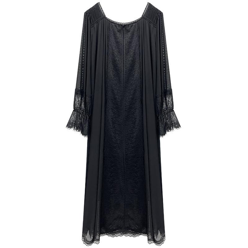 Long-sleeved mesh nightdress women's spring court retro style lace princess pajamas loose large size can be worn outside loungewear autumn