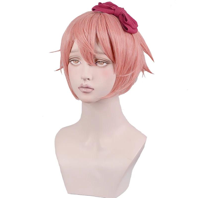 

Высококачественный парик для косплея DDLC Doki Doki Literature Club Sayori, короткие розовые термостойкие синтетические волосы, парики в стиле аниме + красный бант One Size