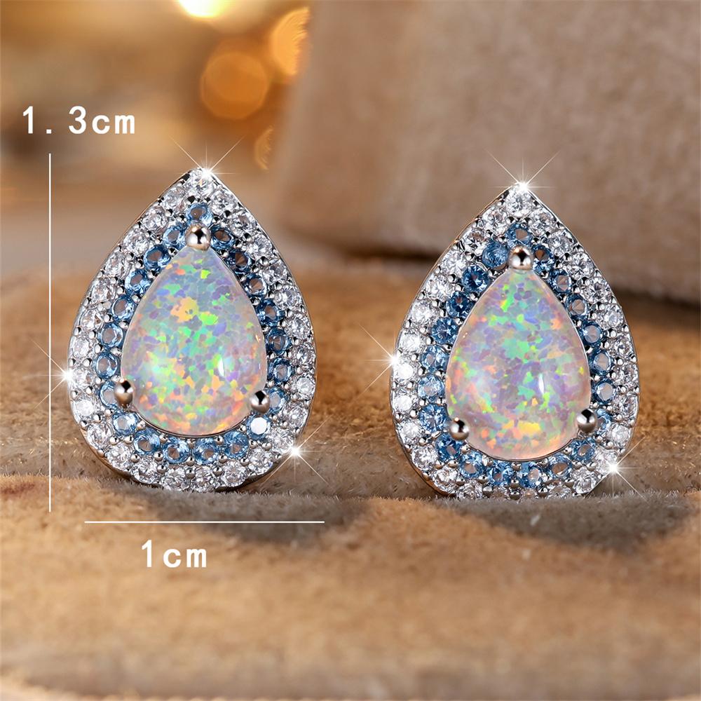 White Fire Opal Stud Earring Cute Blue Crystal Water Drop Stone Earrings For Women Trendy Silver Color Wedding Jewelry Accessory