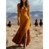2026 New Women's Vintage Western Style Long Dress with Buttons, Ruched Long Sleeves, Sexy Dress