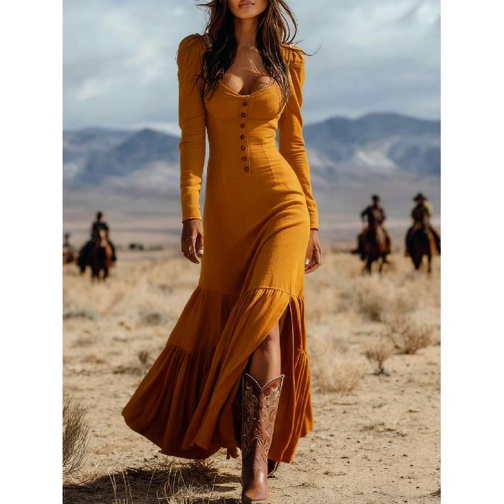 2026 New Women's Vintage Western Style Long Dress with Buttons, Ruched Long Sleeves, Sexy Dress