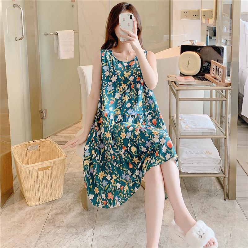 Women's Cotton and Silk Nightgown Summer Thin Internet Celebrity Large Size Printed Pajamas New Sleeveless Loungewear
