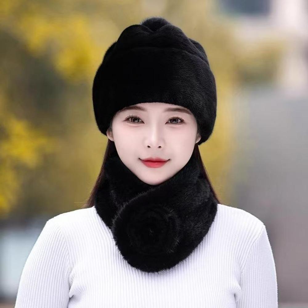 Mink Leather Hat Female Winter Middle-aged and Elderly Mother Model Ear Protection Warm Imitation Fur Whole Leather Mink Velvet Scarf Hat