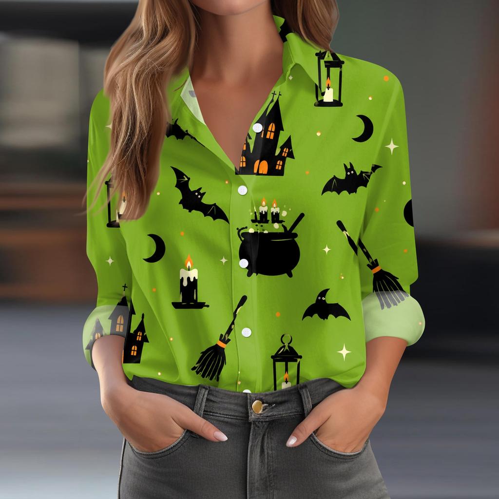 Women Halloween Print Long Sleeve Casual Fit Button Down Shirt Top with Festive Patterned Design for Seasonal Wear