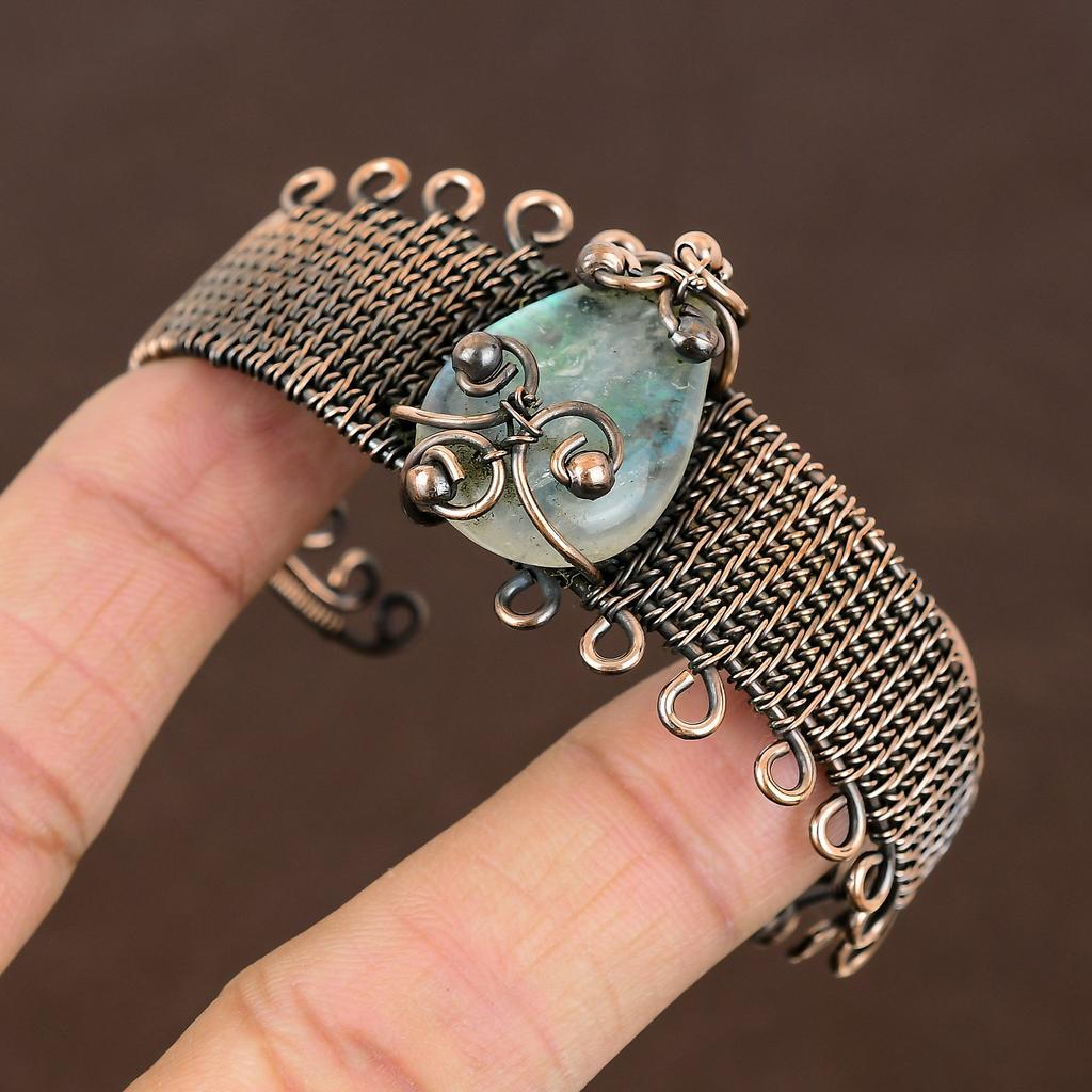 Natural Rainbow Moonstone Handmade Copper Wire Wrap Bangle Adjustable v4B00