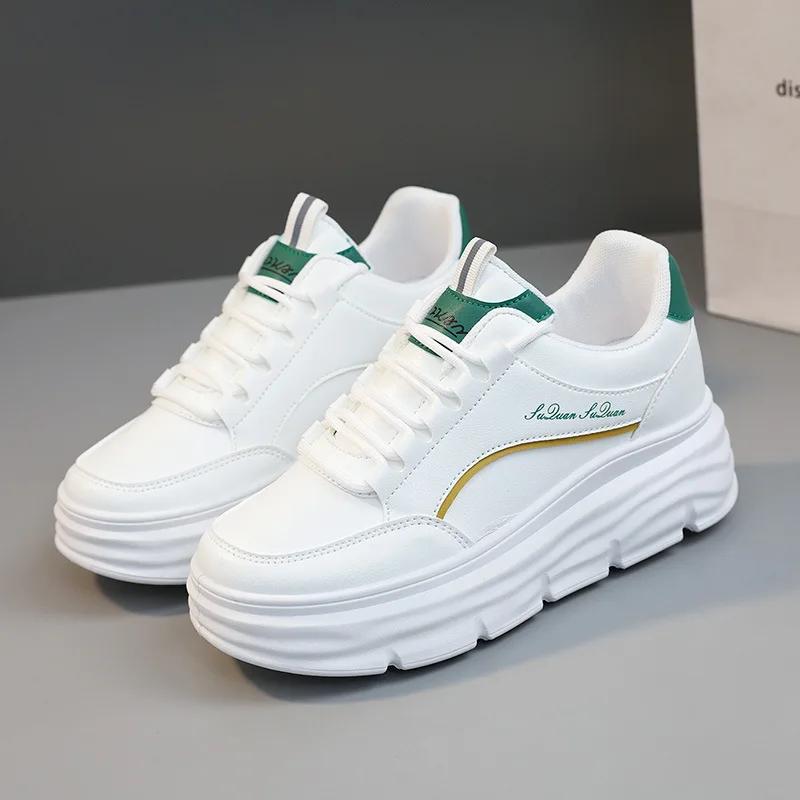 Witte Platform Dames Schoenen Pu Leer Sneakers voor Dames 2025 Nieuw Design Vetersluiting Ronde Neus Dames Schoenen Platte Gevulkaniseerde Schoenen
