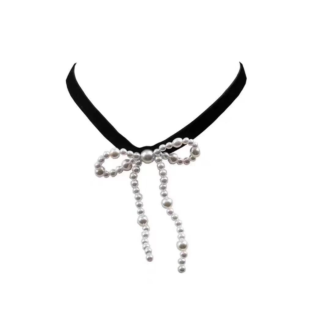 

Japanese Sweet Vintage Pearl Bow Velvet Collarbone Collar Necklace Jewelry Maid Choker Collar Necklace