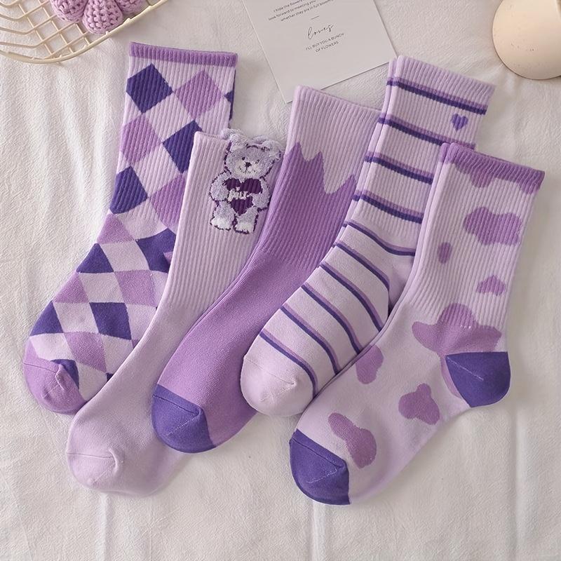 

5 пар женских носков до колена, геометрические узоры, мультяшный медведь, удобные носки до середины икры, полиэстеровый трикотаж 5 Pairs