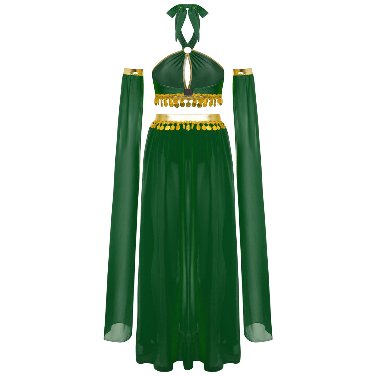 

Жіночий костюм для танцю живота, топ-кроп на зав язках-халтер з вирізом-краплею спереду та паєтками, вбудовані шорти, шифонова спідниця з розрізом S