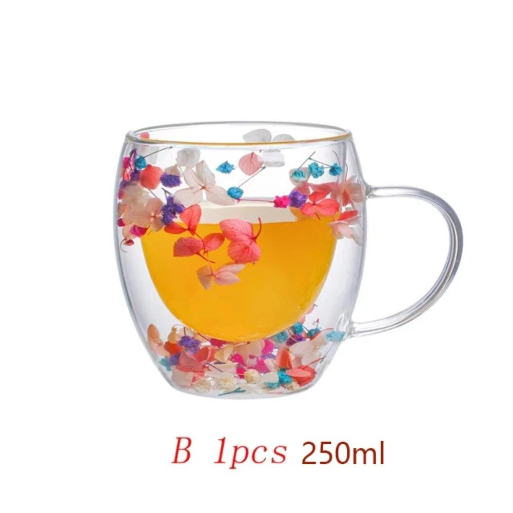 250/350ml Double Wall Coffee Mug With Handles Clear Milk Cups Gifts High Borosilicate Glass Cup Fill Simulated Flowers Teacup