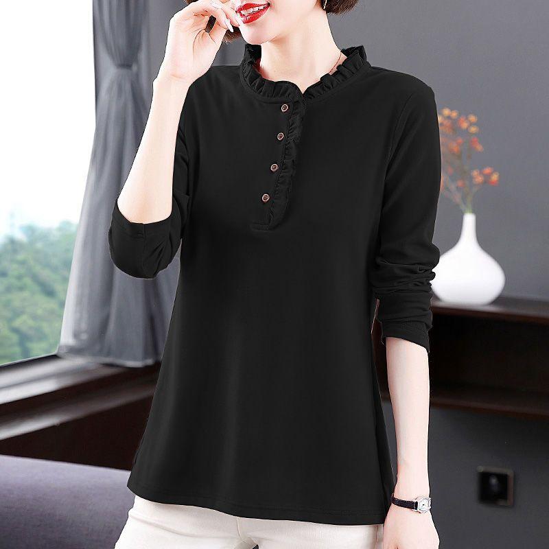 Spring and Autumn Base Shirt Women's Black Ear Edge Long Sleeve T-shirt Women's Top