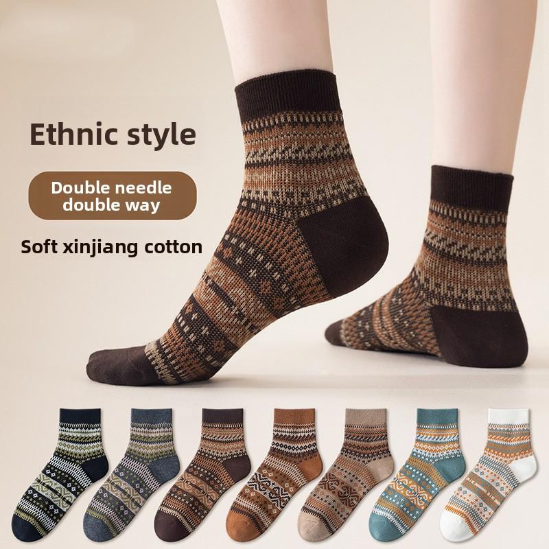 Retro Ethnic Style Women's Mid-calf Odor-resistant and Sweat-absorbent Fall Double-needle Trendy Socks, Spring-autumn Long Women's Socks