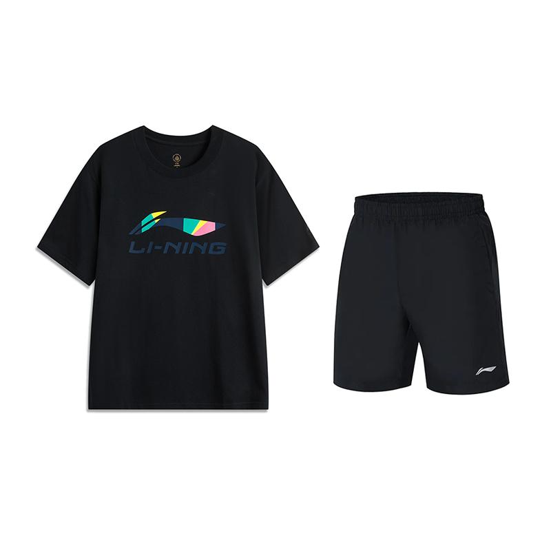 Li Ning In My Name Versatile Short Sleeve Solid Color Five-Point Pants Casual Sports Set Unisex sets Black AHSVD61-2+YKST119-1