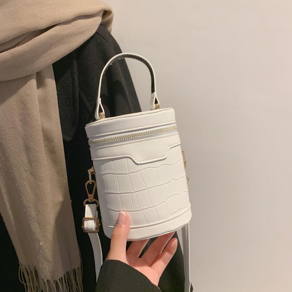 Modische Zylinder Handtasche Tote Damen PU Leder Verstellbar Elegant Umhängetasche für Tägliche Arbeit Weiß