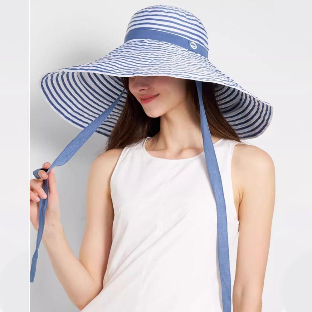 with Windproof Strap Women Striped Fisherman Hat Solid Color Sunshade Hat Summer Sun Hat Travel