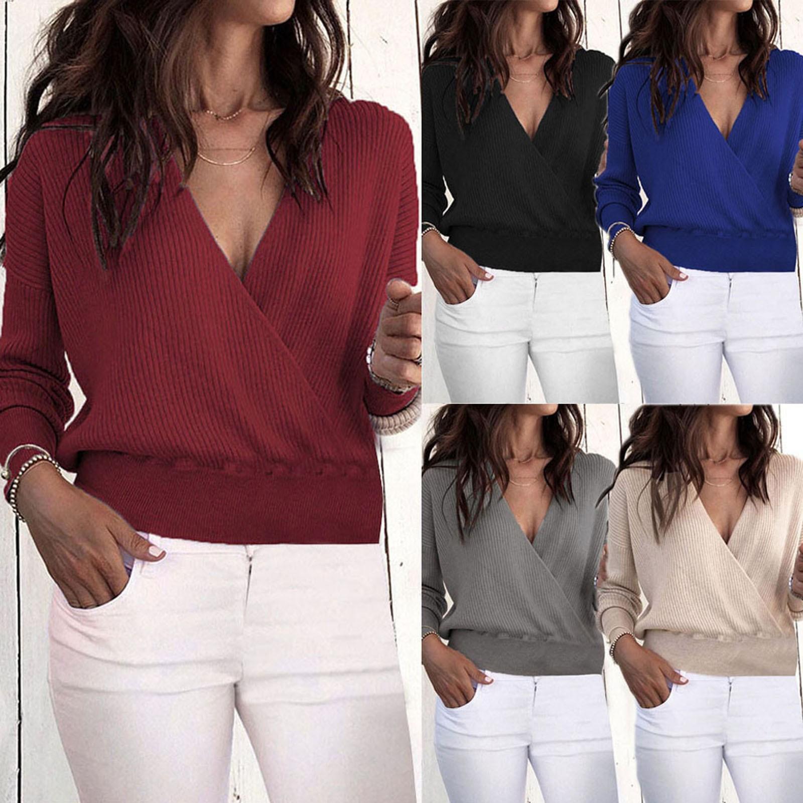 

Женский осенне-зимний сексуальный однотонный повседневный топ с V-образным вырезом и длинными рукавами L серый