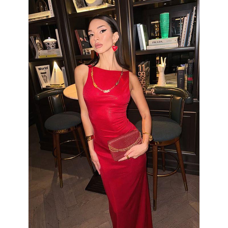 Cnyishe Elegant Graceful Fancy Accessible Luxury Long Dress Red Slim Fit Open Back Sling Dress