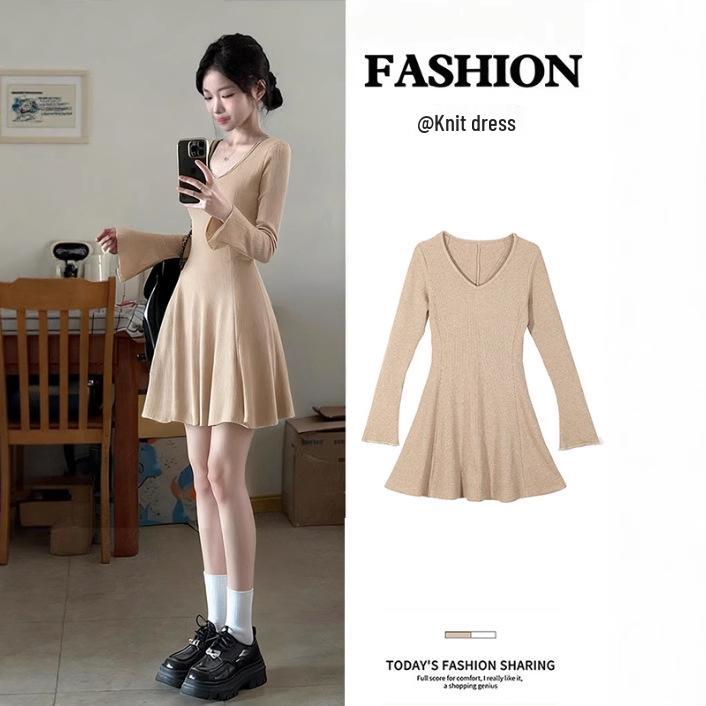 Women s Long Sleeve Khaki Knitted Dress – Ideal Inner Layer for Autumn/Winter, Short Skirt Style. S