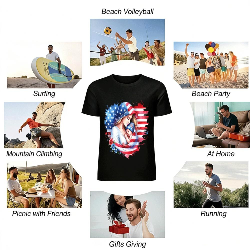 American Flag Mother And Baby Print Casual T-Shirt Pure cotton T-shirt