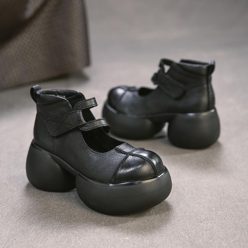Johnature Skórzane Retro Czółenka na Grubej Platformie z Obcasem Okrągły Nosek Zapięcie na Rzepy Damskie Buty Platformowe