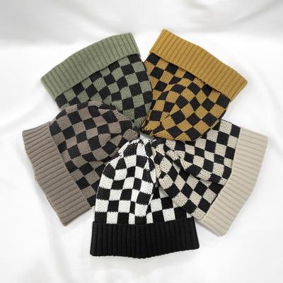 Damen Alltags Beanie Mütze mit Karomuster zum Falten