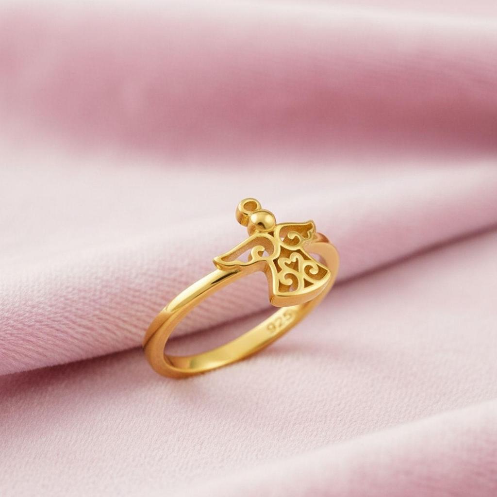 Srebro Próby 925 Złocone Vermeil Minimalistyczny Pierścionek Damski z Sylwetką Anioła