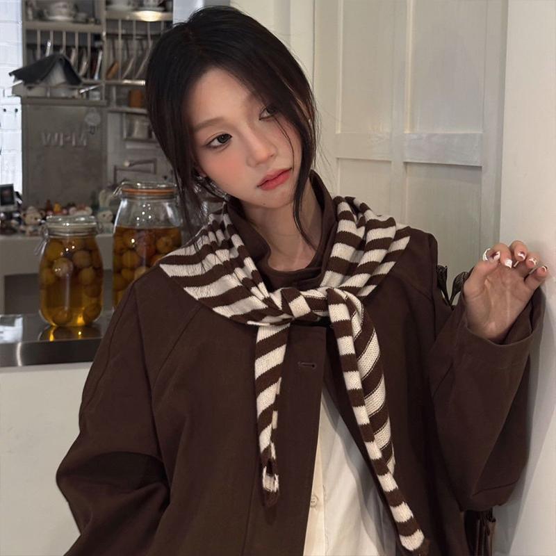 Striped Triangle Scarf Women S Autumn And Winter Knitted Small Scarf Fashionable Warm Versatile Neck Protection Scarf Shawl as the picture