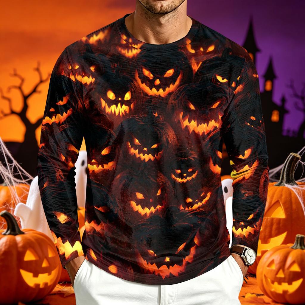 Men's Casual Long Sleeve Halloween Printed T-Shirt for Everyday Wear