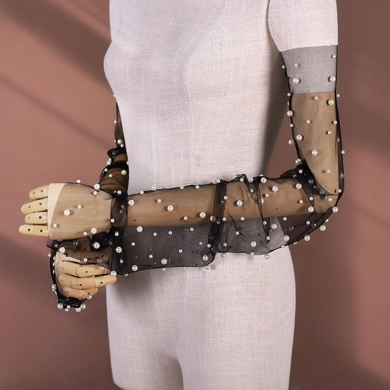 Fingerless Bridal Gloves Artificial Pearls Arm Sleeves Armwear for Formal Occasion Wedding Ceremony Dressingup Accessory