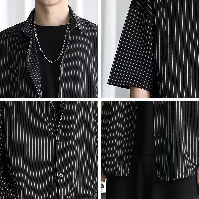 Summer Striped Short Sleeved Shirt For Boys, Trendy Couple, Harajuku Design, Five Quarter Sleeve Drape Shirt