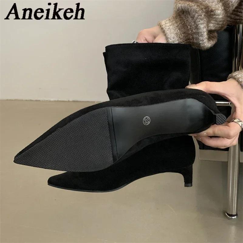 Aneikeh Autumn Fashion Pointed Toe Vintage Ankle Boots Sexy Thin Low Heel Women Warm Knight Slip On Party Shoes