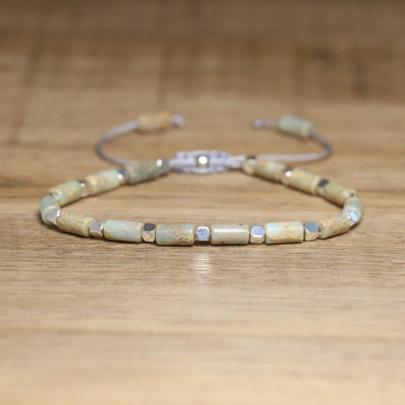 Türkis Röhrenperlen Armband – Silber Akzent Verstellbar Zierlicher Schmuck, Schutz Glück Geschenk für Männer & Frauen