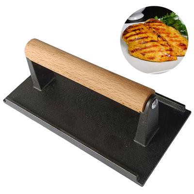 Cast Iron Burger Smasher Multifunctional Round Hamburger Press Ergonomic with Wood Handle for Griddle Sandwich Nonstick Pan