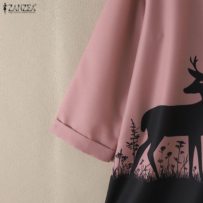 ZANZEA Women Casual Round Neck 3/4 Sleeve Loose Print Blouse