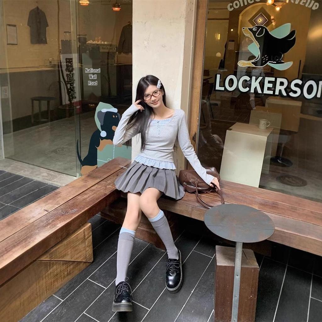 Gray Two-Piece Style Long Sleeve Shoulder Stitch T-Shirt - Women's Slim Fit Short Top for Spring