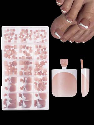 150pcs/Box Pink Toe Nail Stickers, Adhesive Square French Manicure Nail Tips, Pre-Designed Soft Gel Thickened Fake Toenails