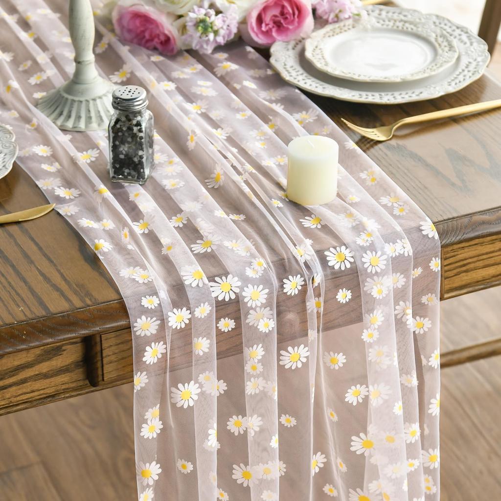 Grüner Gänseblümchen Netz-Gaze Tischläufer, Frischer Stil Durchsichtiger Chiffon-Netz-Blumen Tischdekoration Für Weihnachten Hochzeit Party
