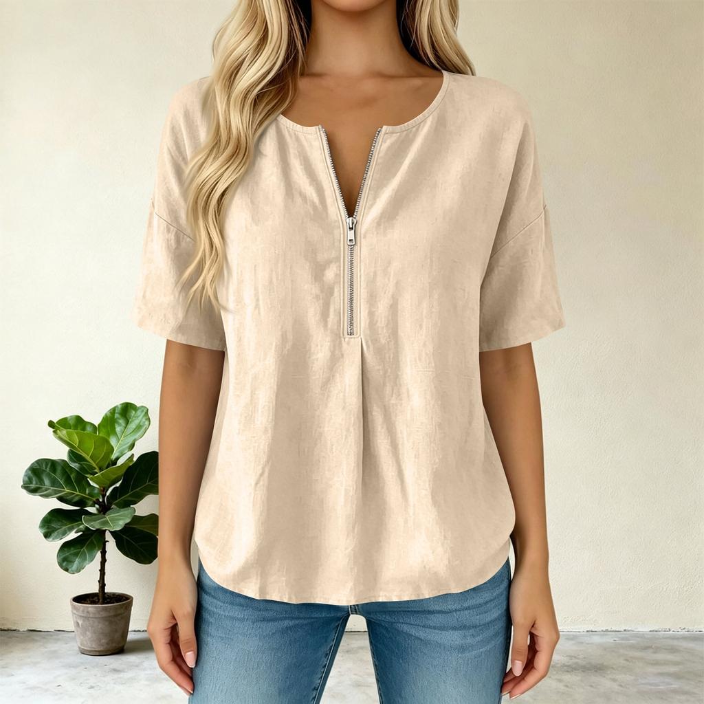 Women’s Fashion Solid Pullover Top with Round Zip Neck Relaxed Fit Short Sleeve Blouse for Casual and Daily Wear