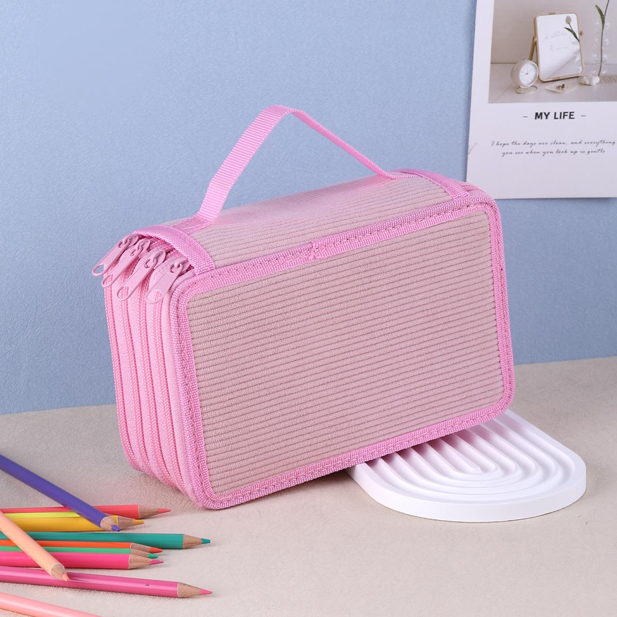 

1pc Four-layer large-capacity corduroy pencil case storage pencil case with carry handle,back to school school supplies розовый
