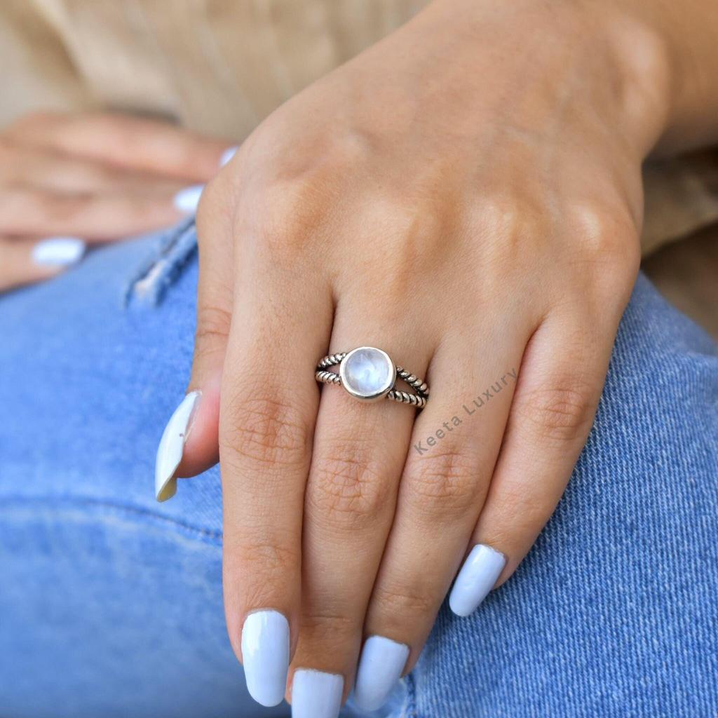 Natural moonstone ring , sterling silver rainbow moonstone dainty round gemstone ring , Bohemian ring , birthday gift for loved ones