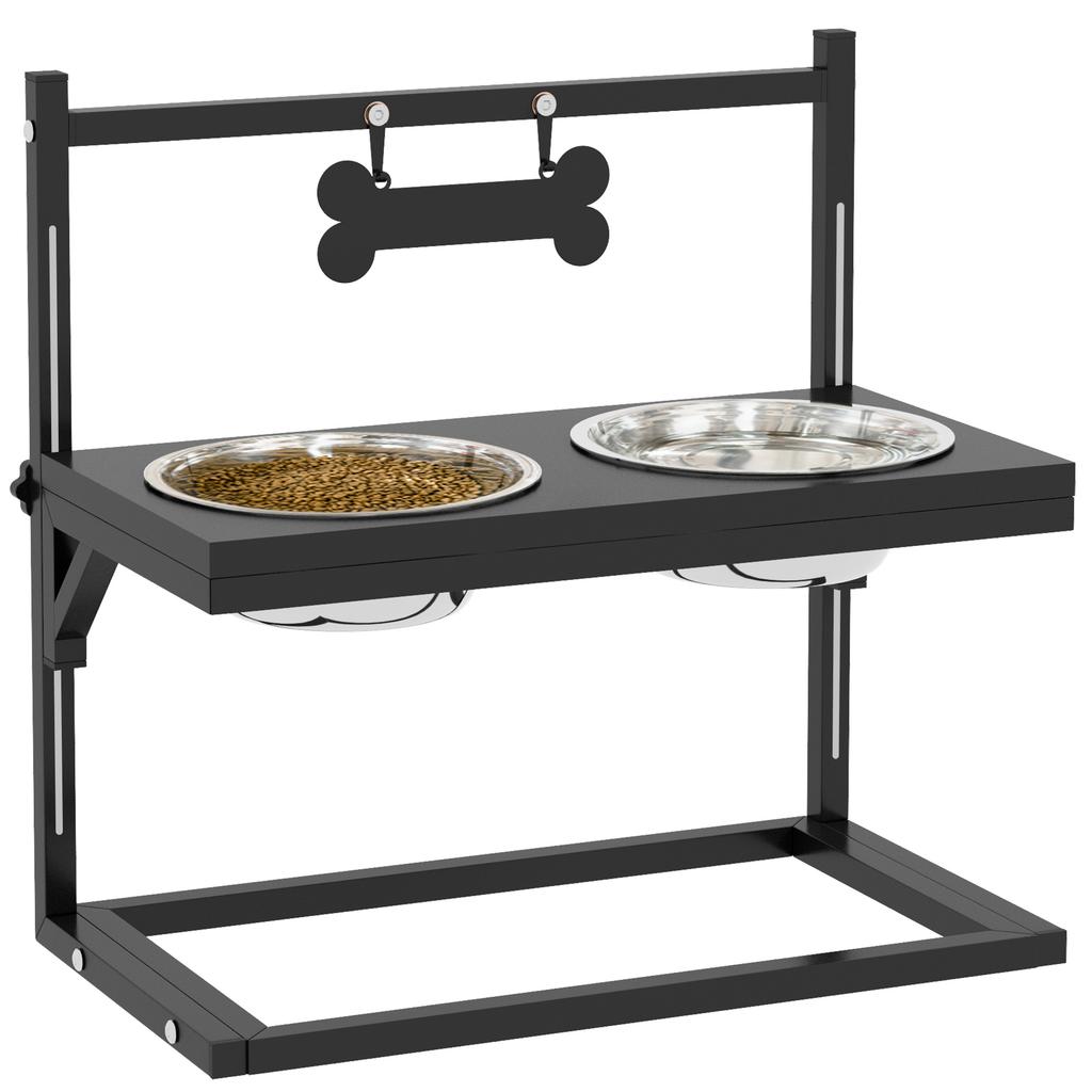 Raised Dog Bowl Stand with Adjustable Height, 2 x 900ml Stainless Steel Bowls, Black