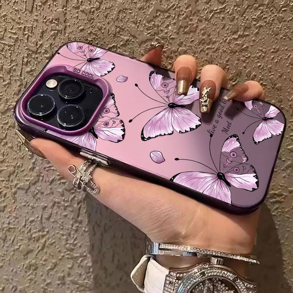 Fashion Butterfly Black Purple Color IMD Phone Case For iPhone 16 15 14 13 12 11 Pro Max XS X XR 7 8 SE plating Cover